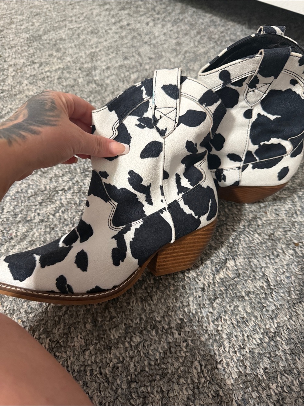 Cow-Print Western Booties in Black & White